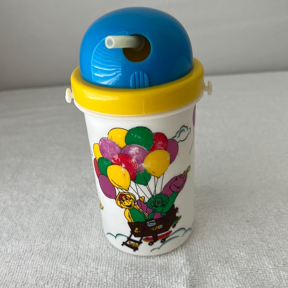 Barney the Purple Dinosaur drinking cup with lid and straw